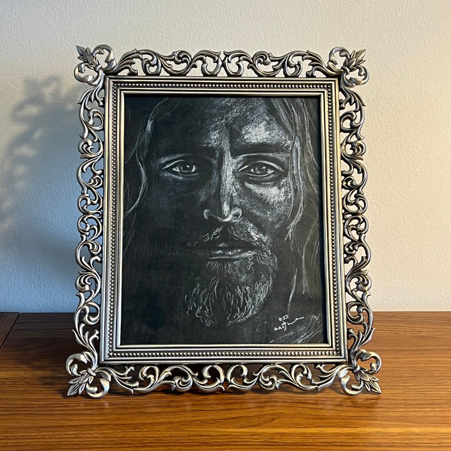 JESUS, 8x10" - Original White Charcoal Drawing